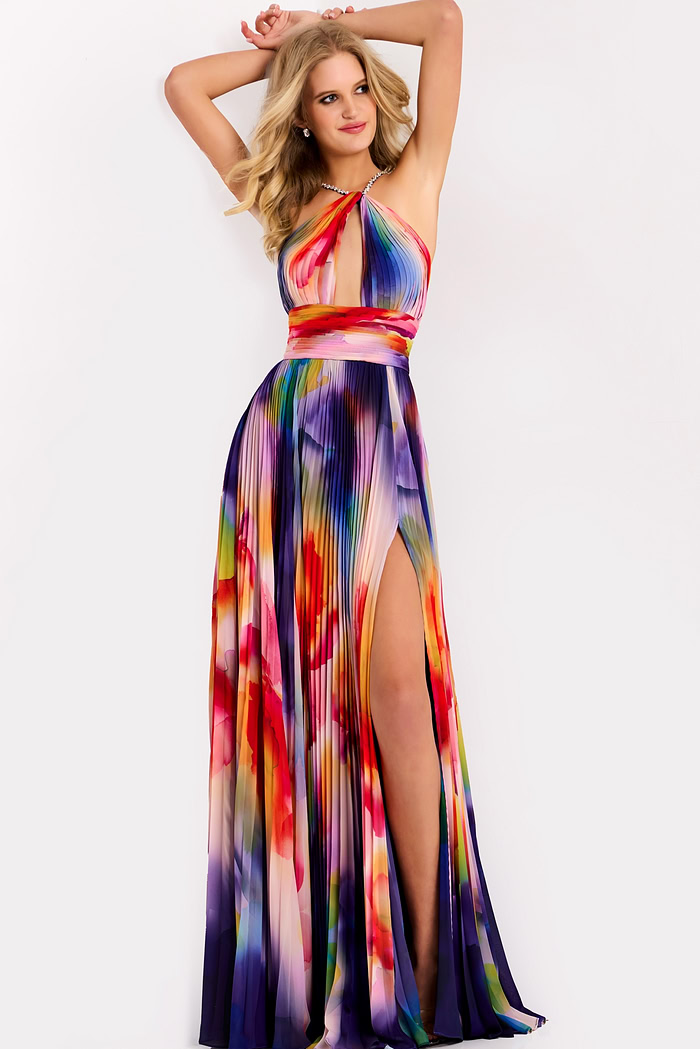 Halter pleated evening gown with multicolor abstract print