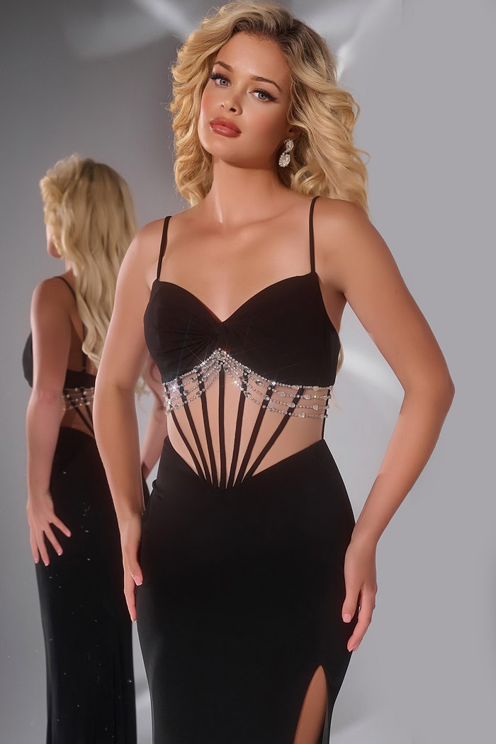 Model showcasing Jovani 42758 black gown, detailed beaded bodice.