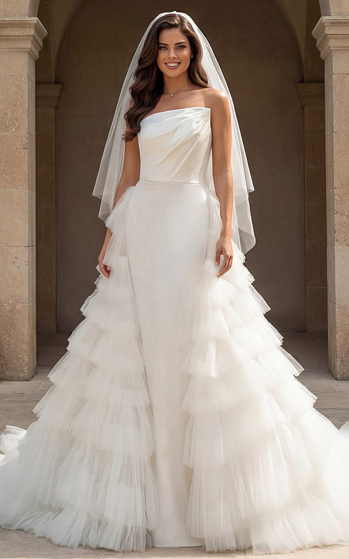 Front view of strapless bridal gown with dramatic layered tulle skirt
