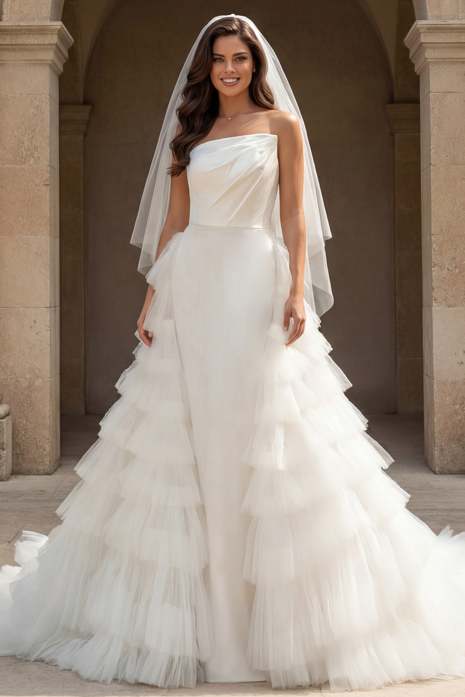 Front view of strapless bridal gown with dramatic layered tulle skirt