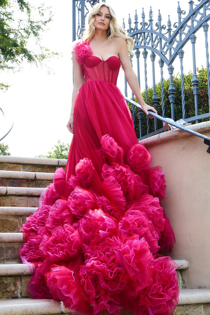 model wearing Jovani 42781 red gown with sweetheart neckline and floral details