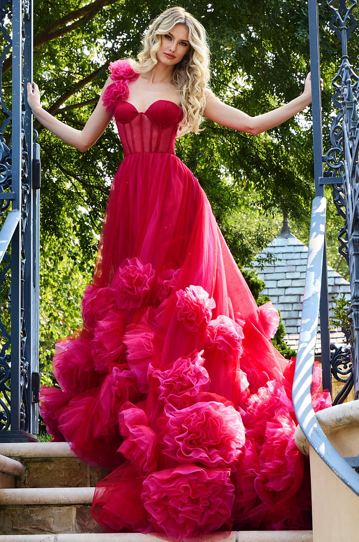 detailed view of Jovani 42781 red gown with full-length tulle skirt