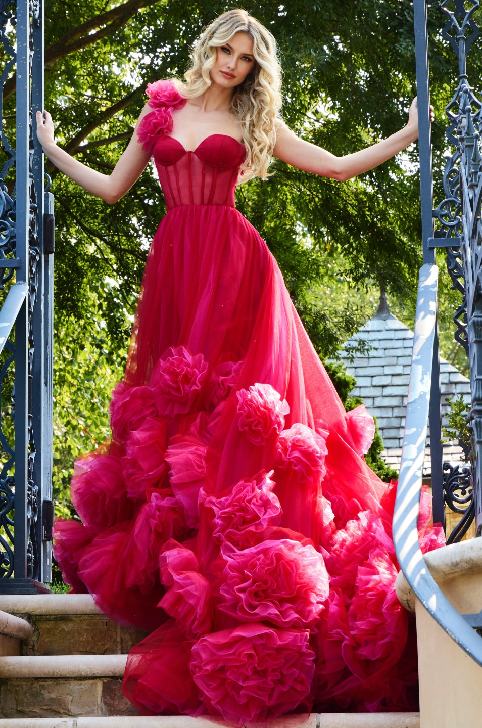 detailed view of Jovani 42781 red gown with full-length tulle skirt
