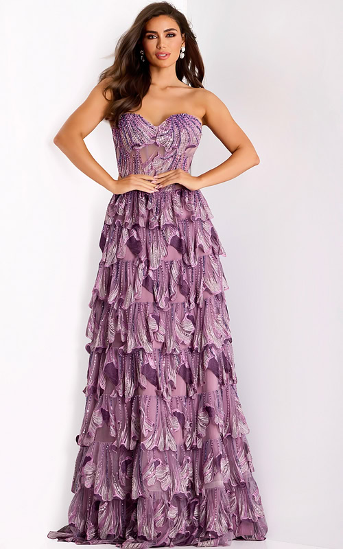 Strapless beaded gown with layered ruffle skirt and sweetheart neckline