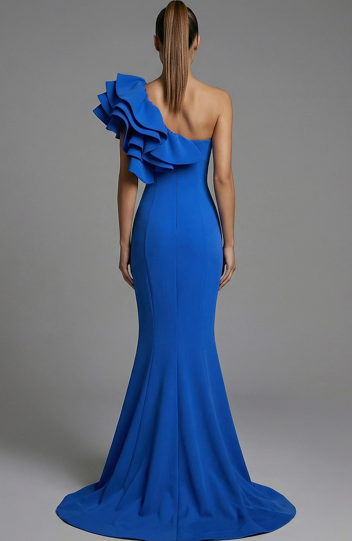 ack view of one shoulder gown with smooth fitted back and flared hem