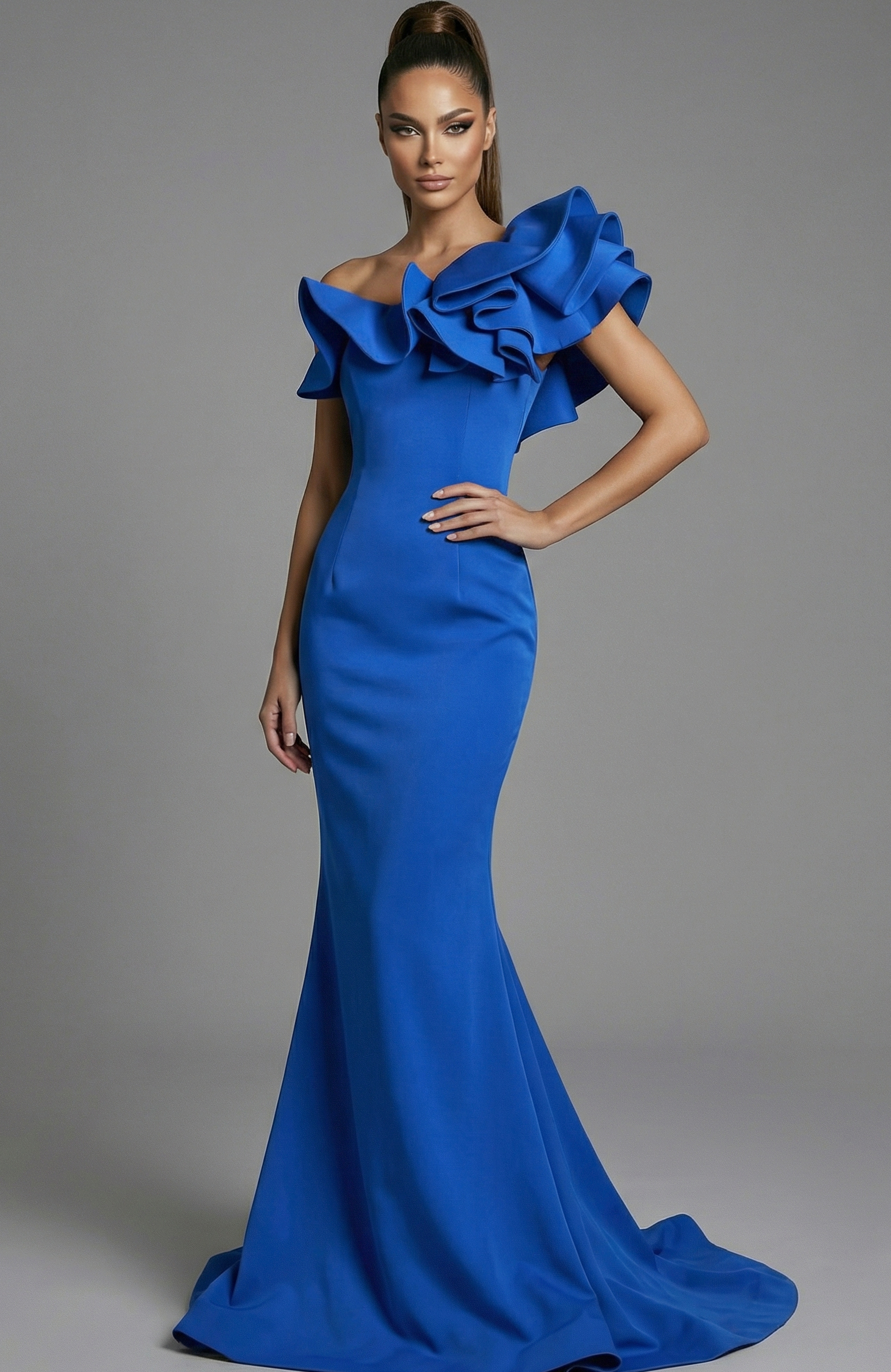 Front view of one shoulder fitted gown with sculpted ruffle neckline