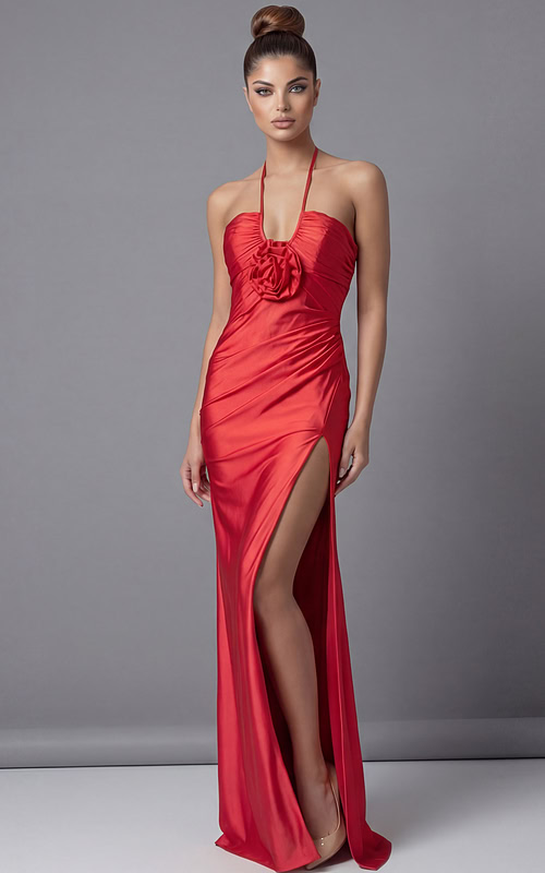 halter neck satin red dress 43041