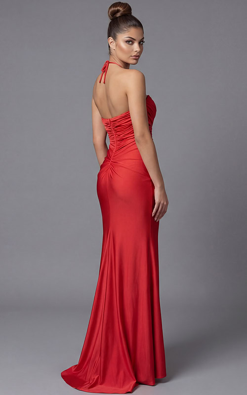 back of red halter neck satin dress 43041