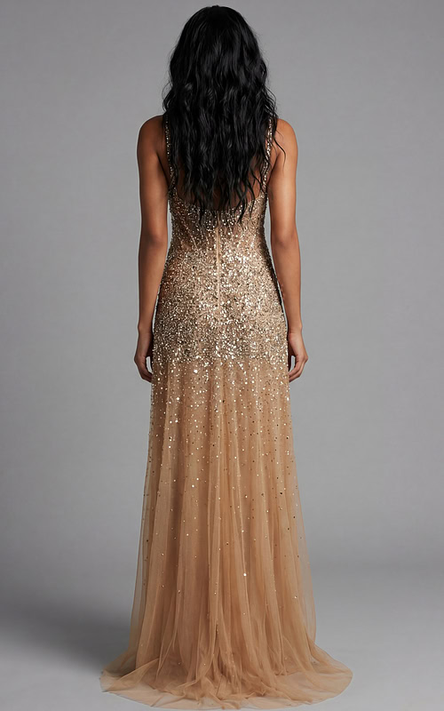 Back view of beaded gown with sheer train and fitted silhouette