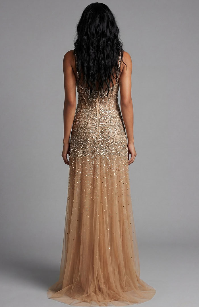Back view of beaded gown with sheer train and fitted silhouette