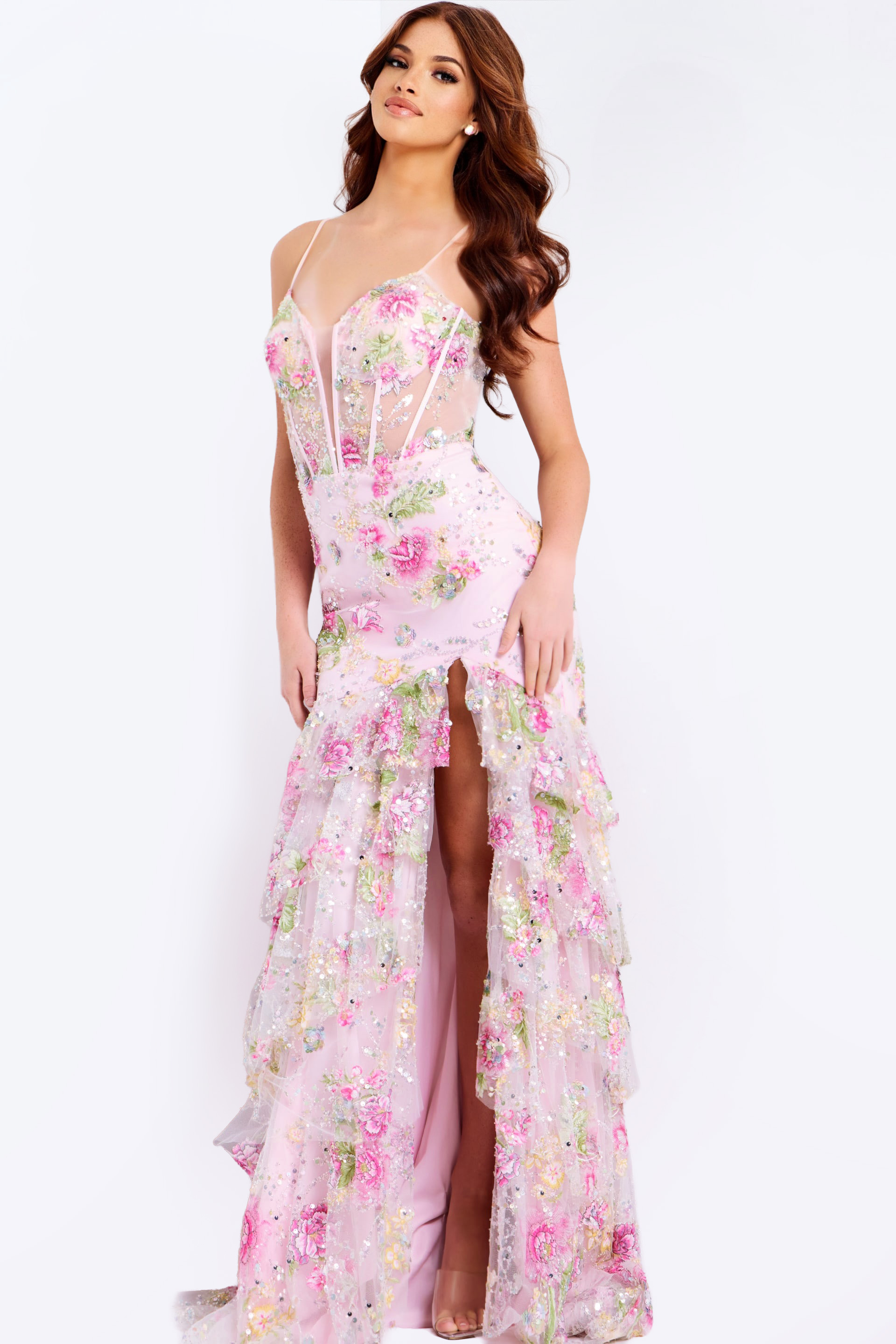 Romantic layered gown with delicate floral appliqués