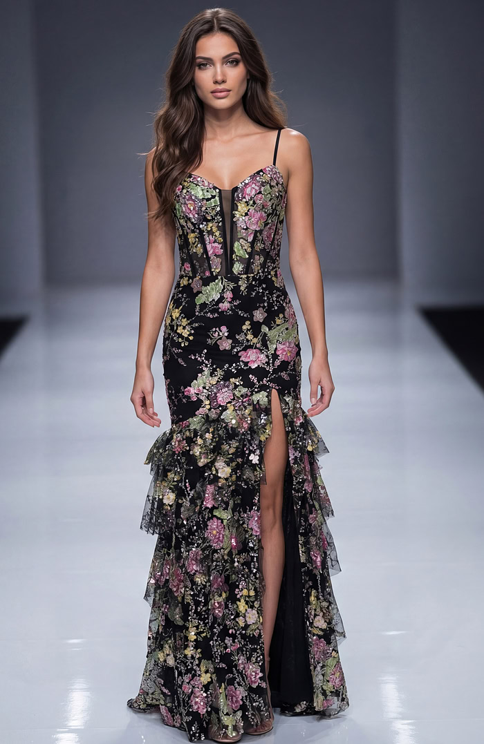 black multi floral high slit dress 43172