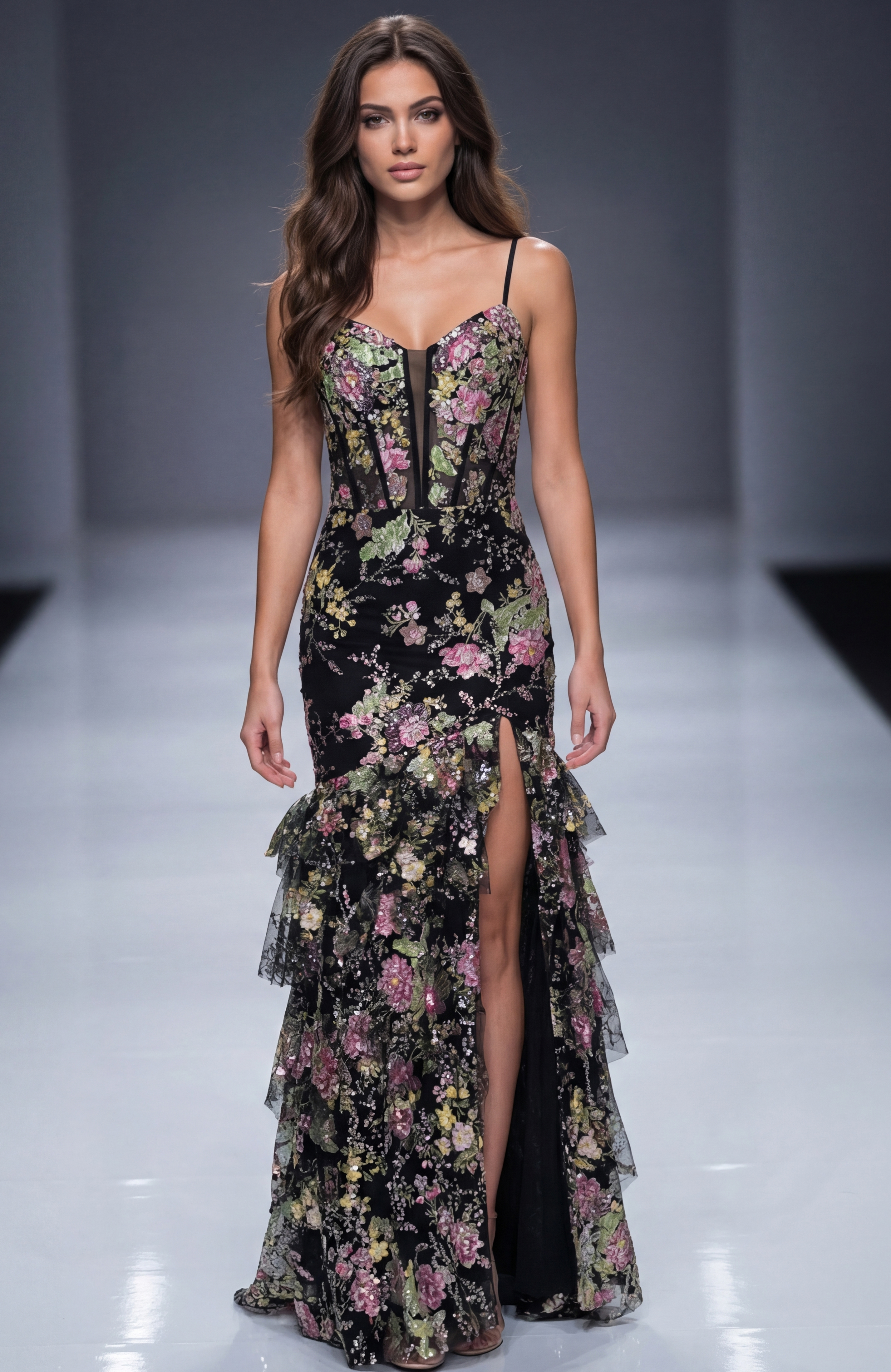 black multi floral high slit dress 43172