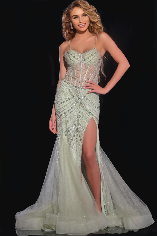 Model wearing Jovani 43189 green gown showcasing front view with beadwork and high slit.