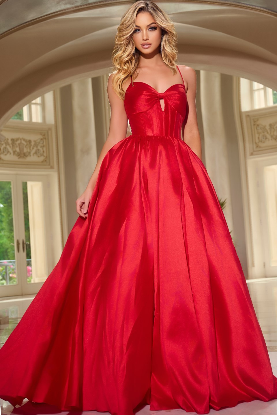 Model wearing Jovani 43199 red gown, full length, showcasing A-line silhouette, front view.