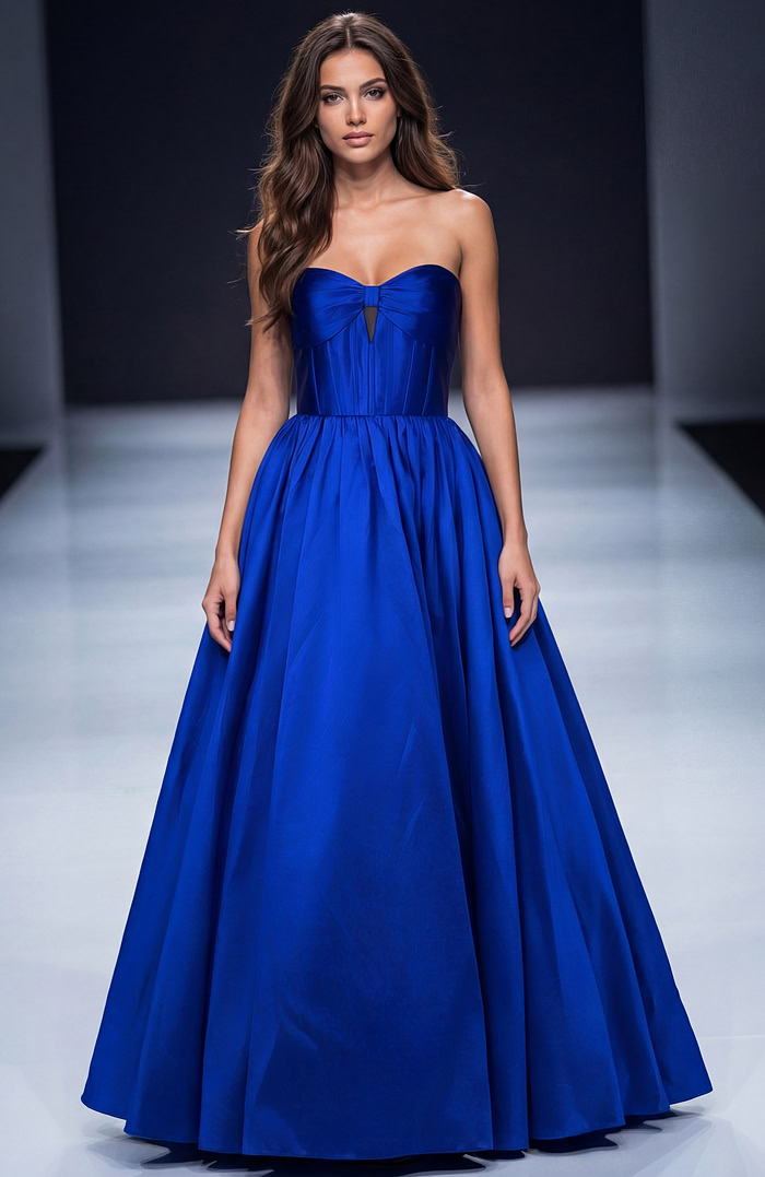 Strapless ball gown with structured bodice, softly gathered waist, and full flowing skirt creating a classic, elegant silhouette