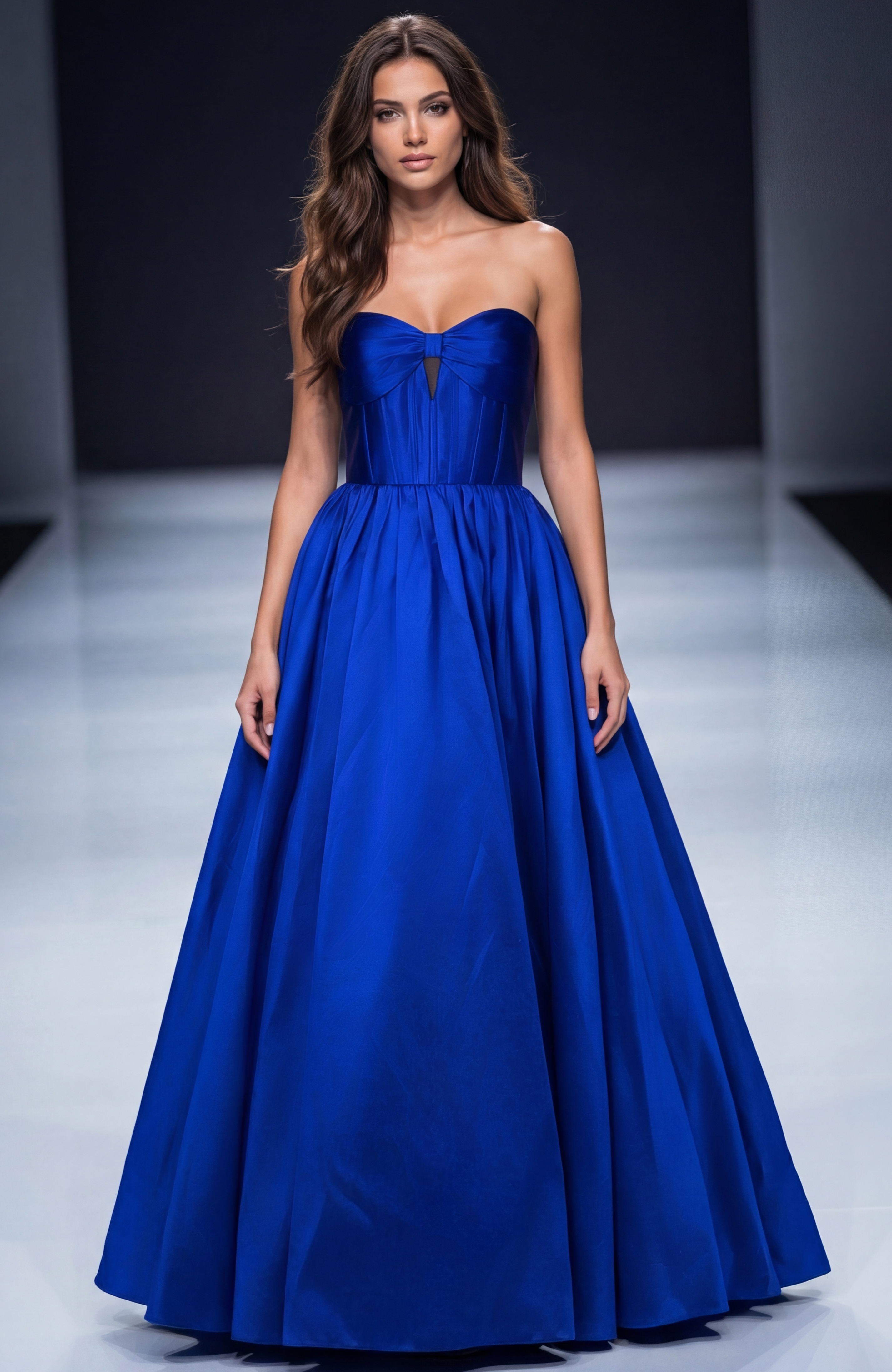 Strapless ball gown with structured bodice, softly gathered waist, and full flowing skirt creating a classic, elegant silhouette
