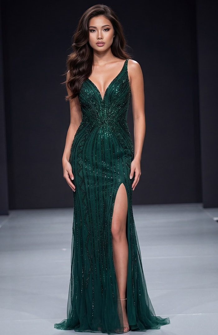 green v neckline high slit dress 43221