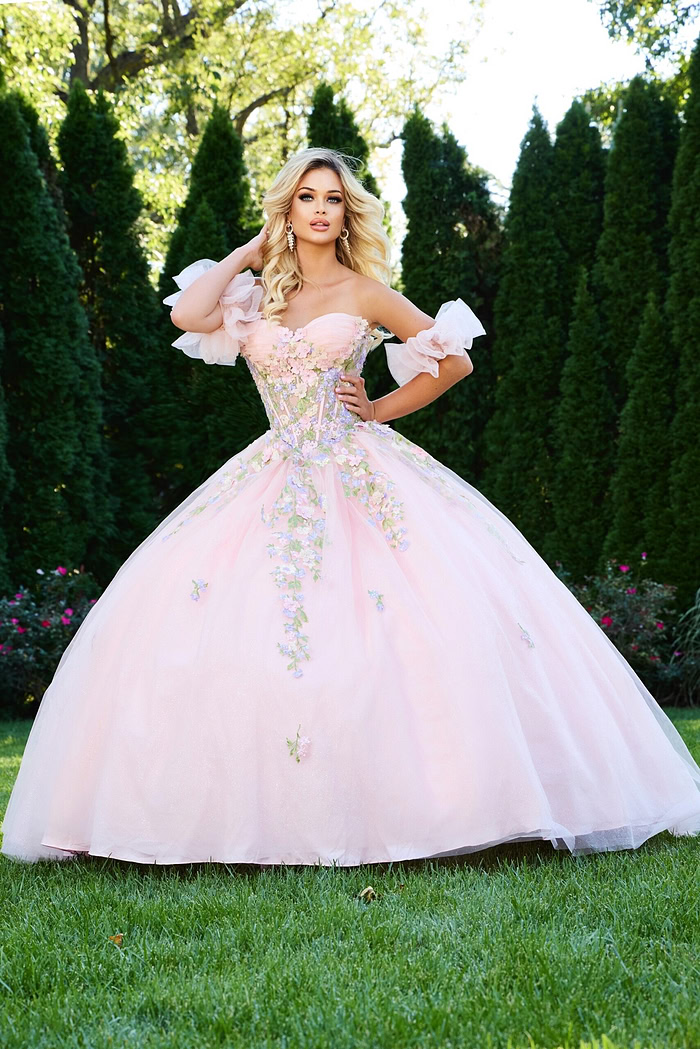 Full view of model wearing Jovani 43231 lilac ball gown with floral details.