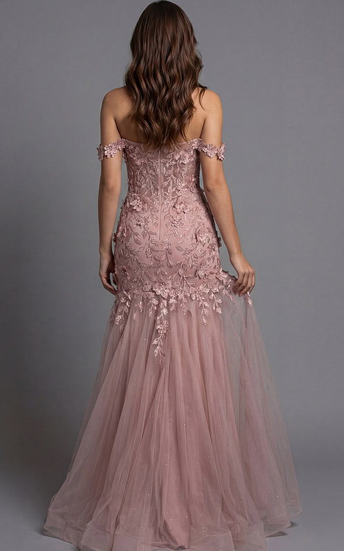 Blush floral appliqué fitted tulle dress front view