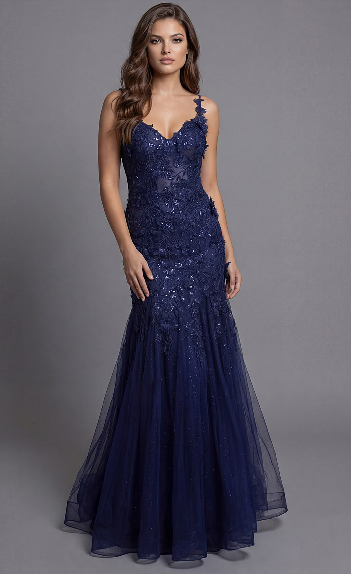 Jovani 43405 navy blue mermaid prom dress with floral lace appliqué straps, sweetheart neckline, sheer illusion side panels, sequin embellishments, and glitter tulle godet skirt.