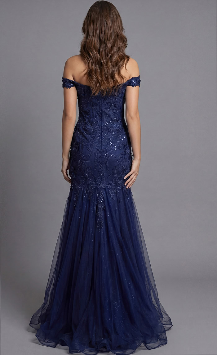 Back view of Jovani 43405 navy blue off-the-shoulder mermaid gown with sequined floral lace appliqués, zipper closure, and glitter tulle flared skirt.