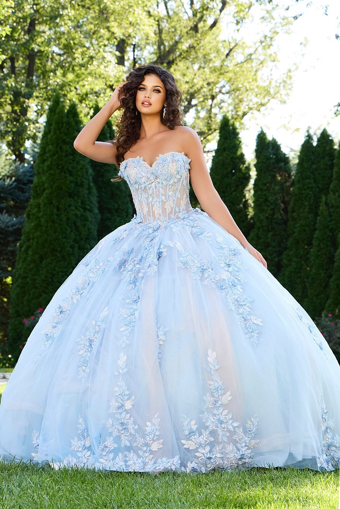 Model showcasing Jovani 43433 blue ball gown, front view with sweetheart neckline.