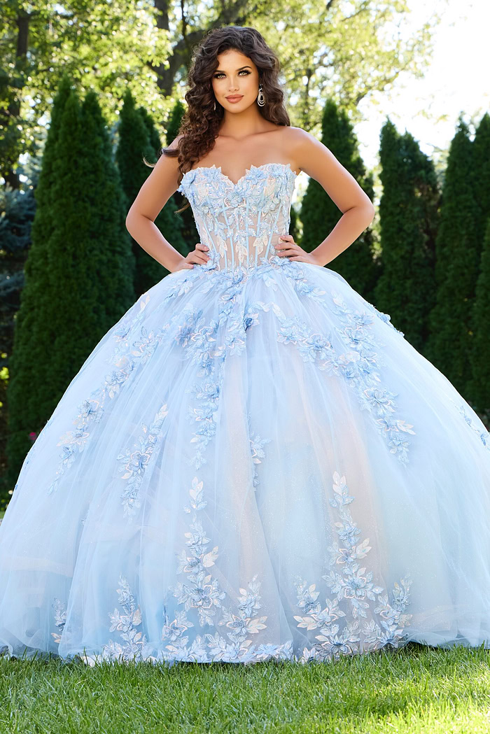 Model showing Jovani 43433 blue ball gown with floral appliques, front view.