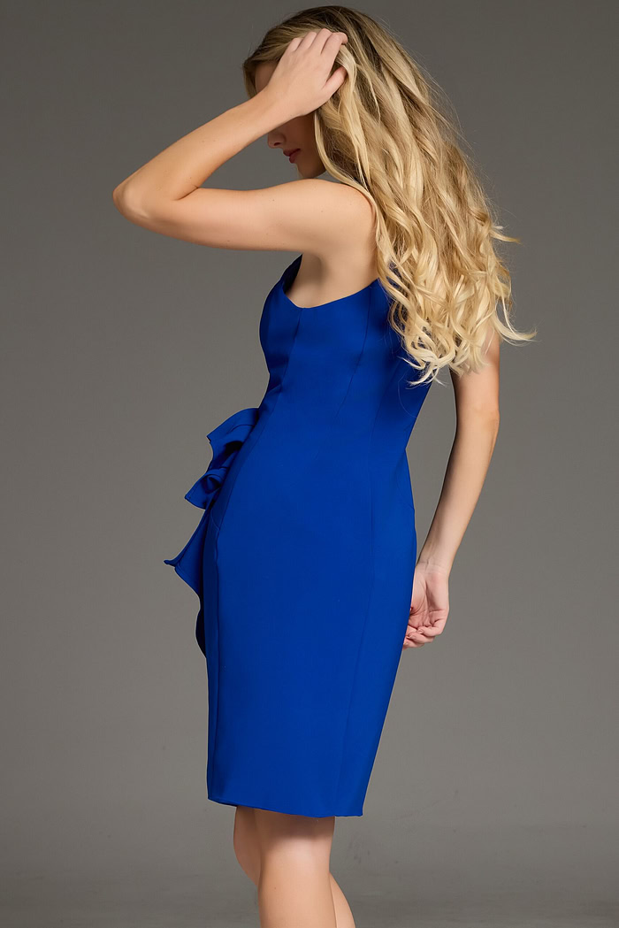 model wearing Jovani 43604 dress with side view highlighting silhouette