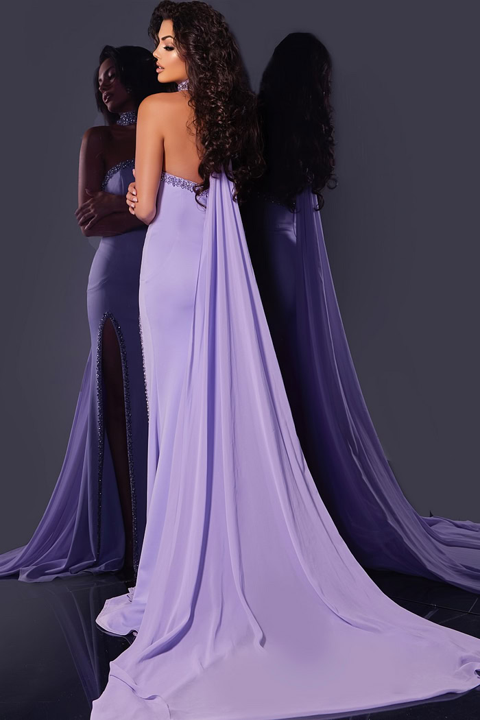 Jovani 43658 yellow gown, back view showcasing the train.