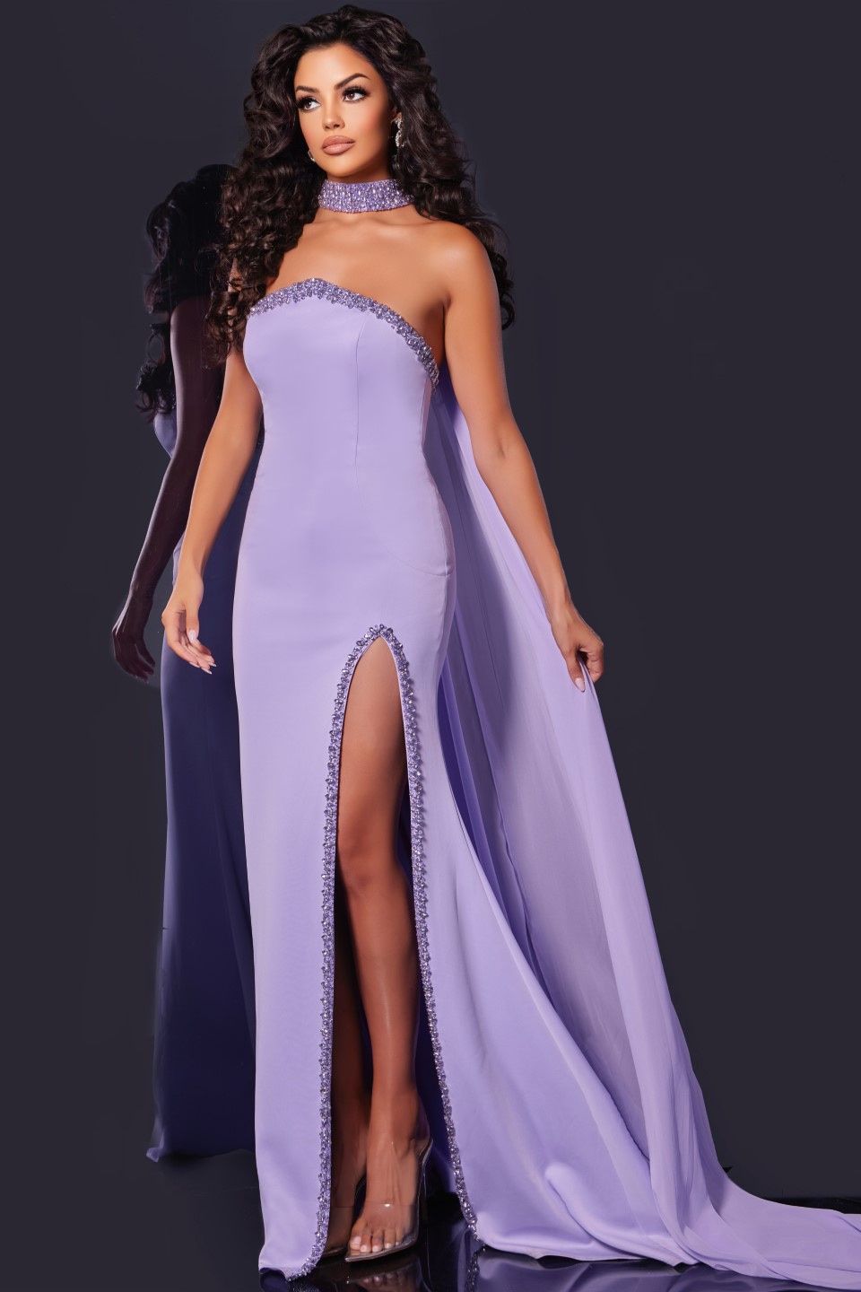 Back view of Jovani 43658 lilac gown with flowing train.