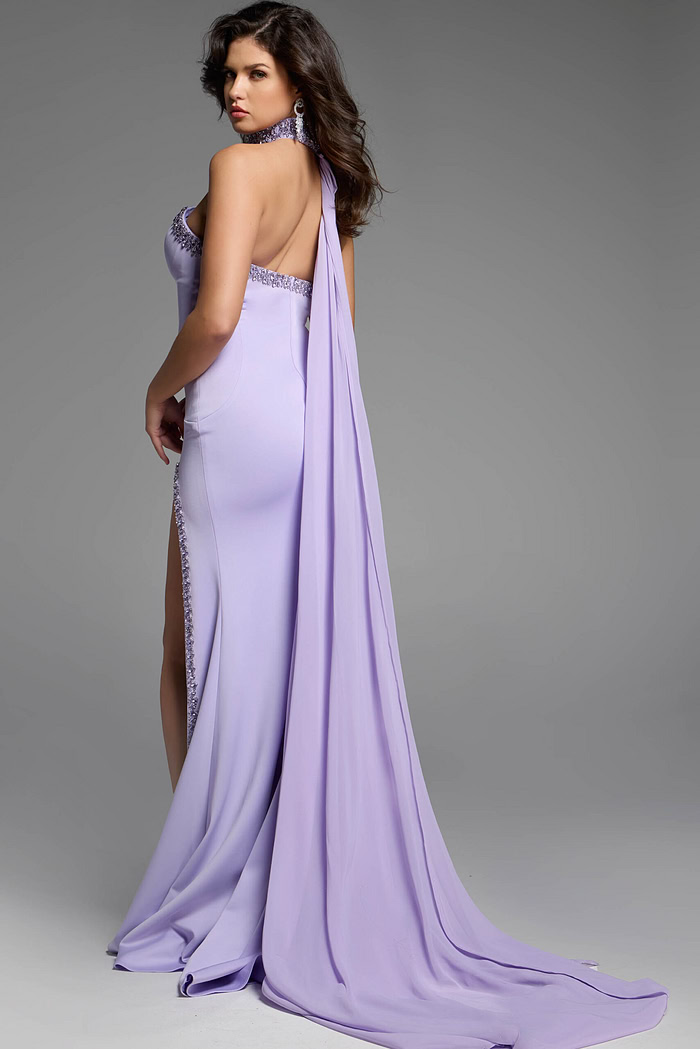 Lilac gown showcasing delicate beadwork along neckline and slit