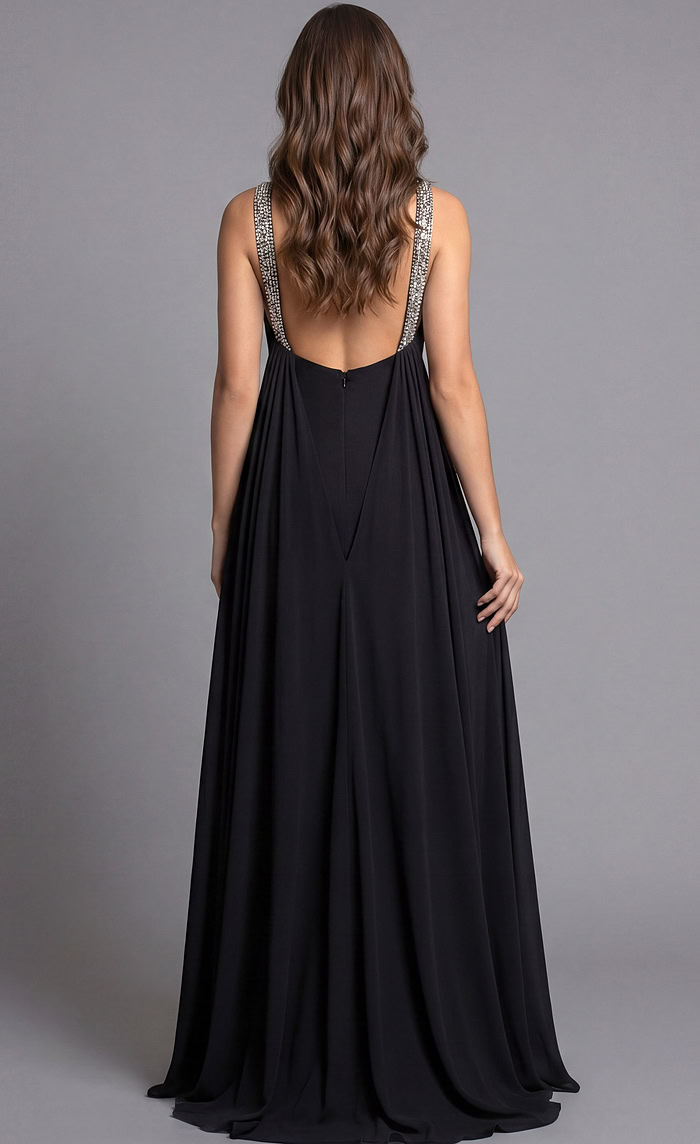 Beaded High Neck Flowing Train Dress