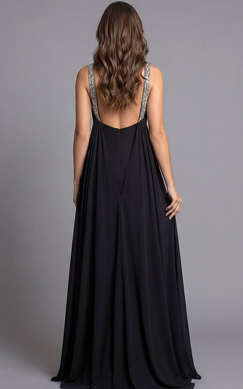 Beaded High Neck Flowing Train Dress