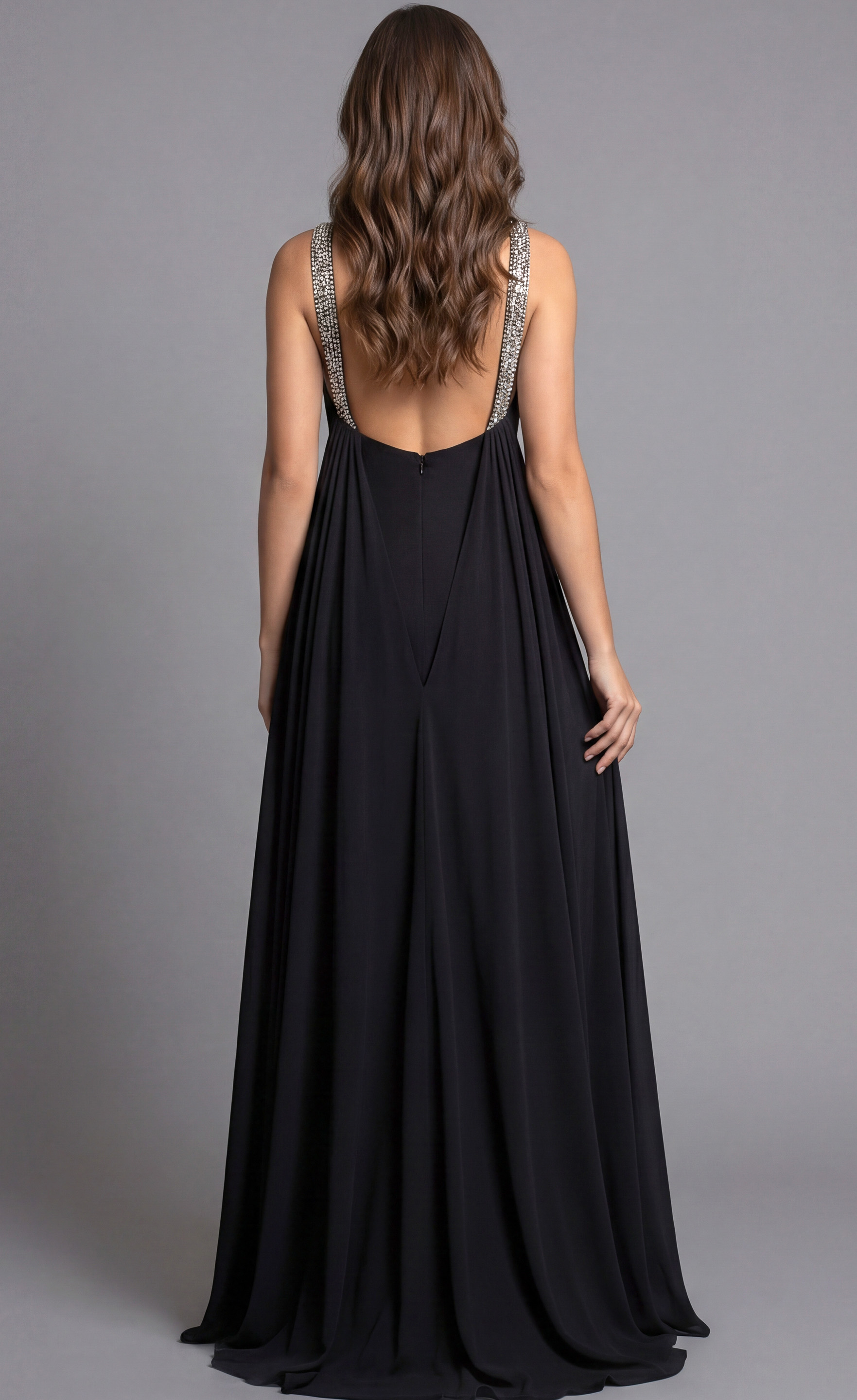 Beaded High Neck Flowing Train Dress
