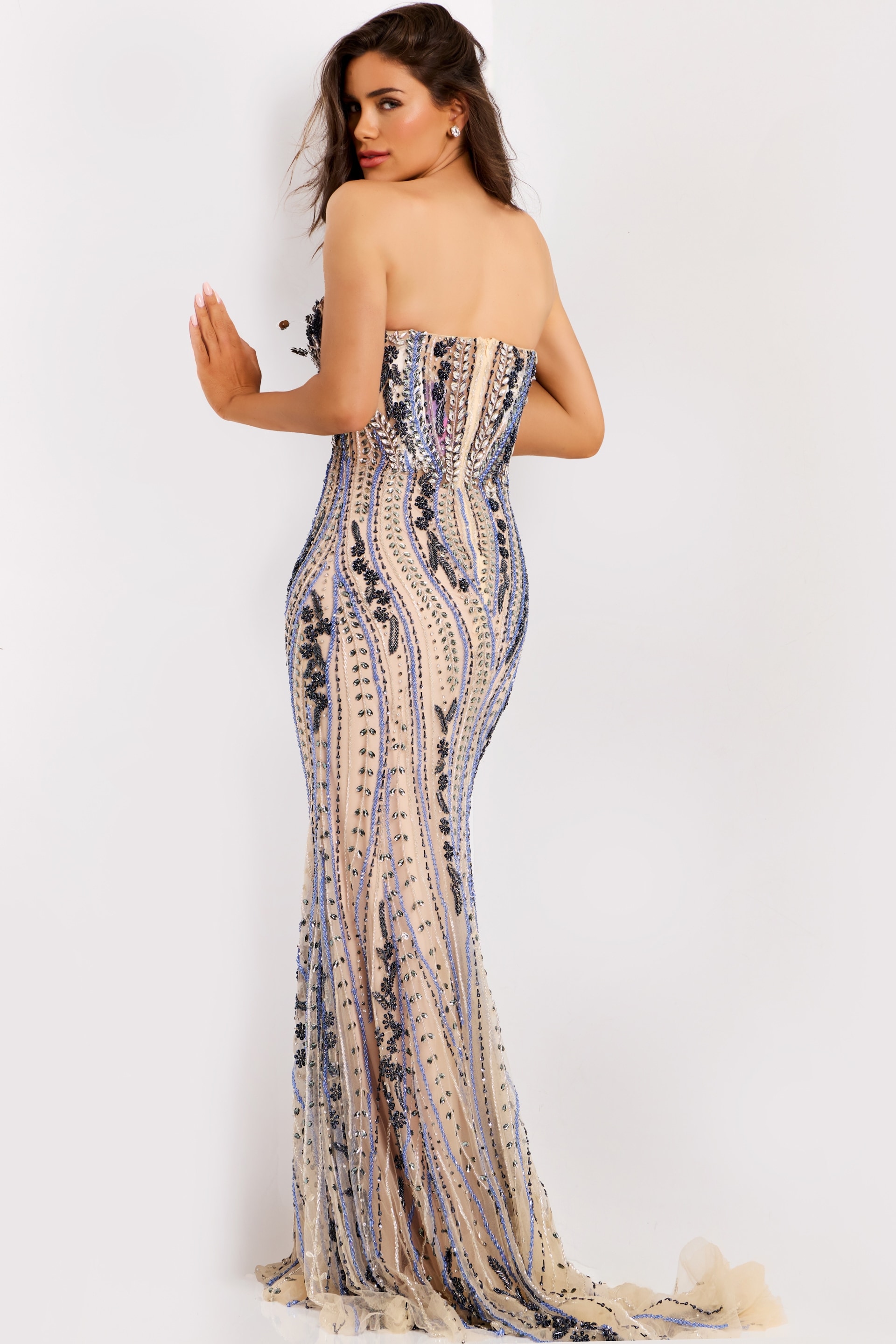 Fitted sheath dress with sequin floral appliqué and crystal details