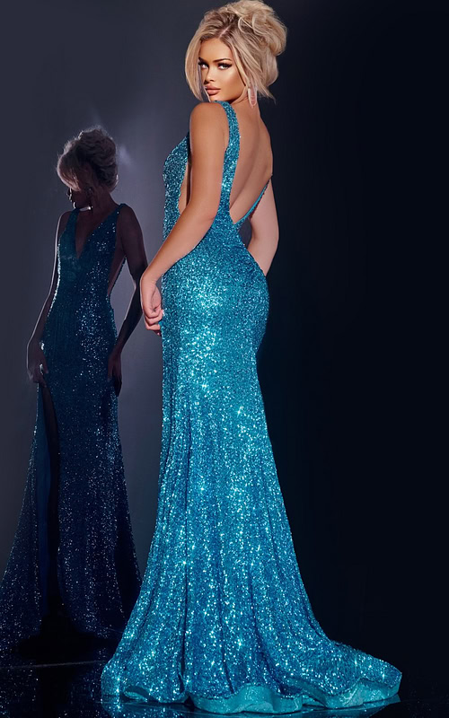 Back view of model wearing Jovani 43725 blue sequin gown.
