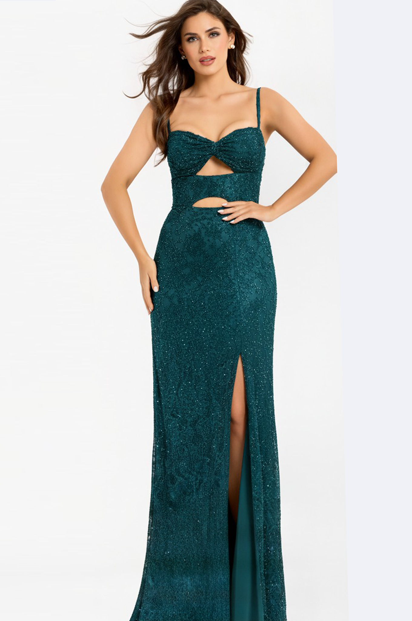 teal high slit embellished dress 43764