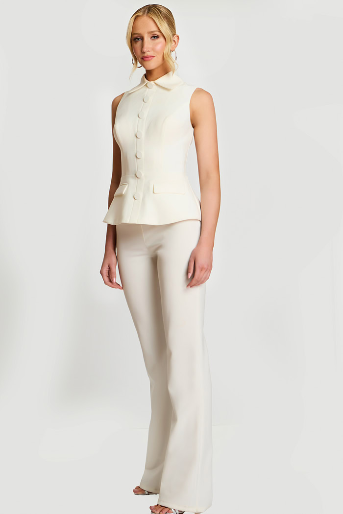 Detail Shot Of Ivory Fitted Top With Covered Buttons And Classic Collar