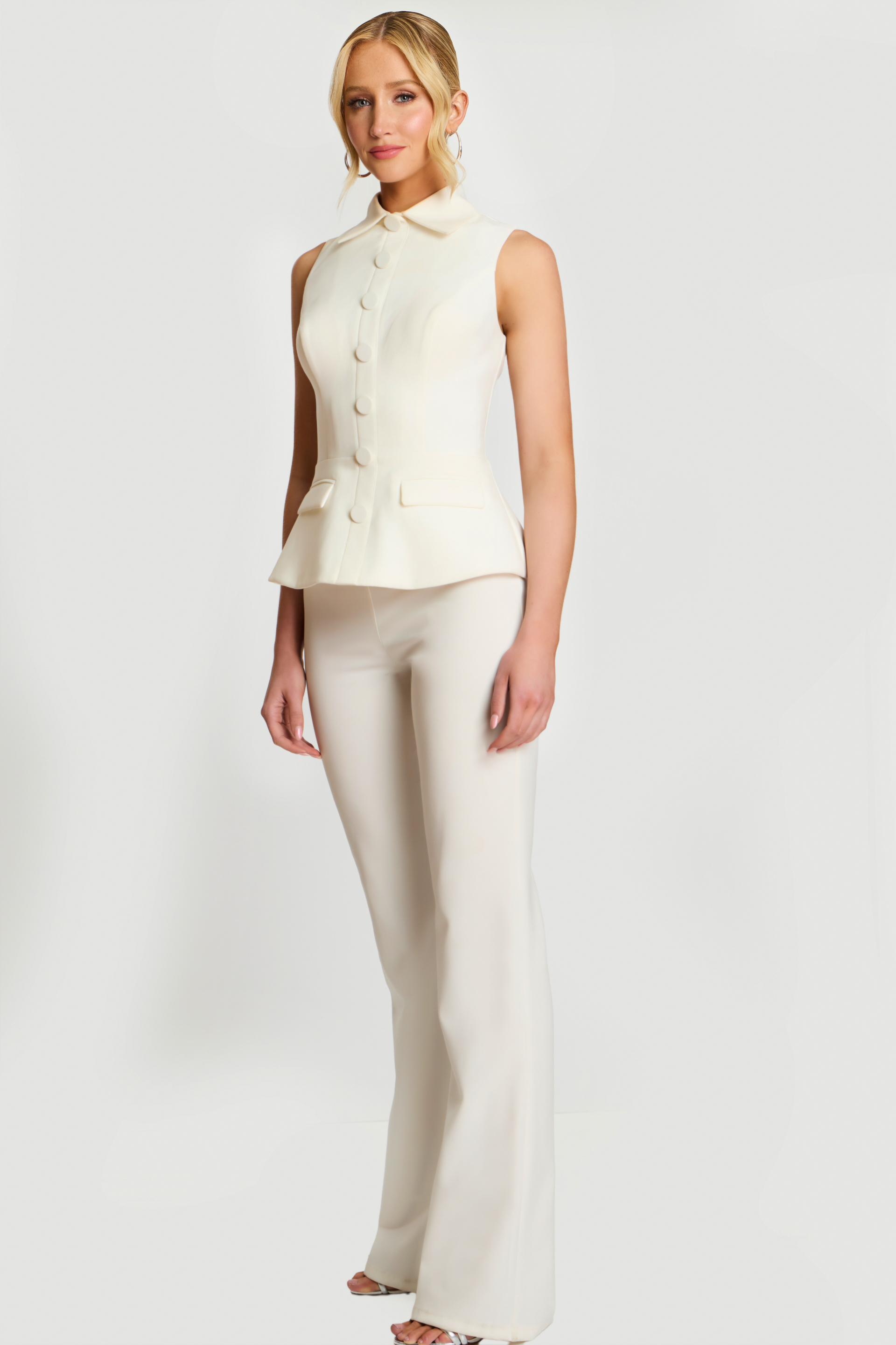 Detail Shot Of Ivory Fitted Top With Covered Buttons And Classic Collar