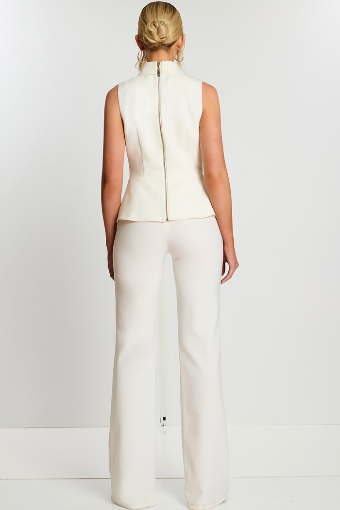 Back View Of Ivory Button-Up Pant Suit Featuring Long Zipper And Fitted Waist