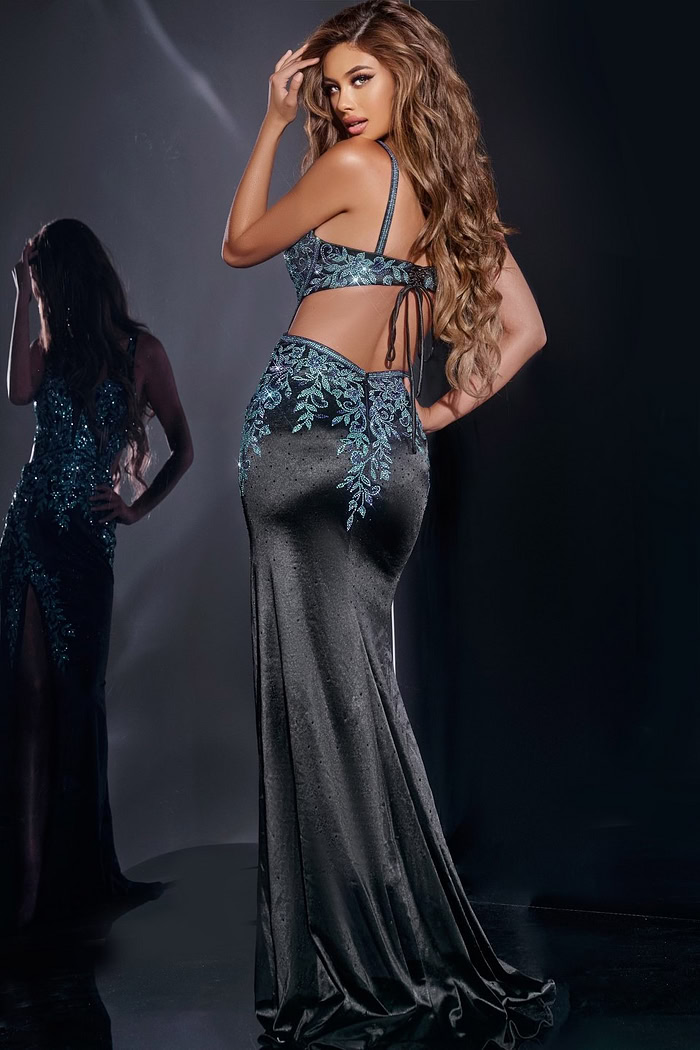 model showcasing the back of Jovani 43796 black gown with open tie detail