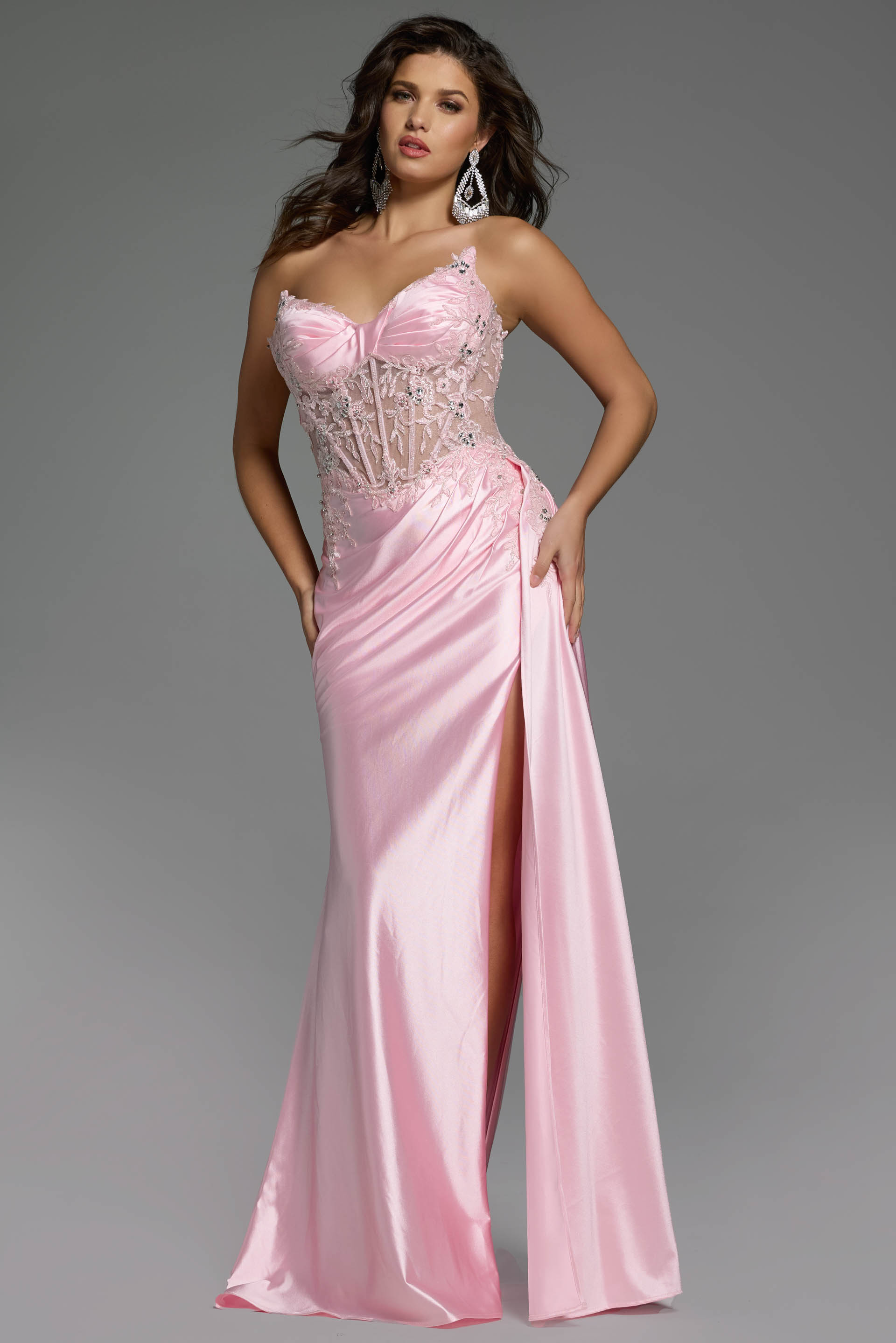 pink corset bodice high slit dress 43848