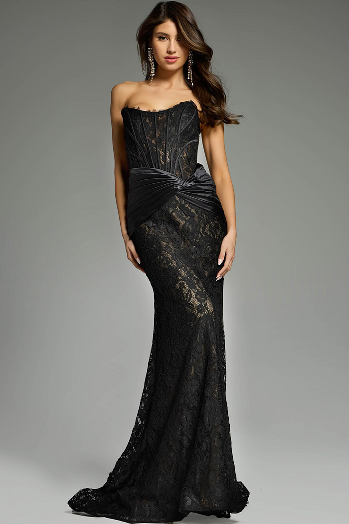Full-length black lace dress with ruched waistline.