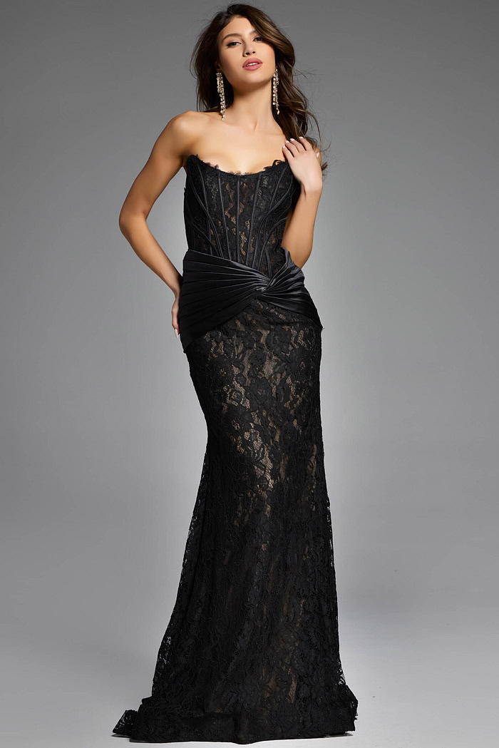 Strapless lace gown with satin detailing and corset bodice.