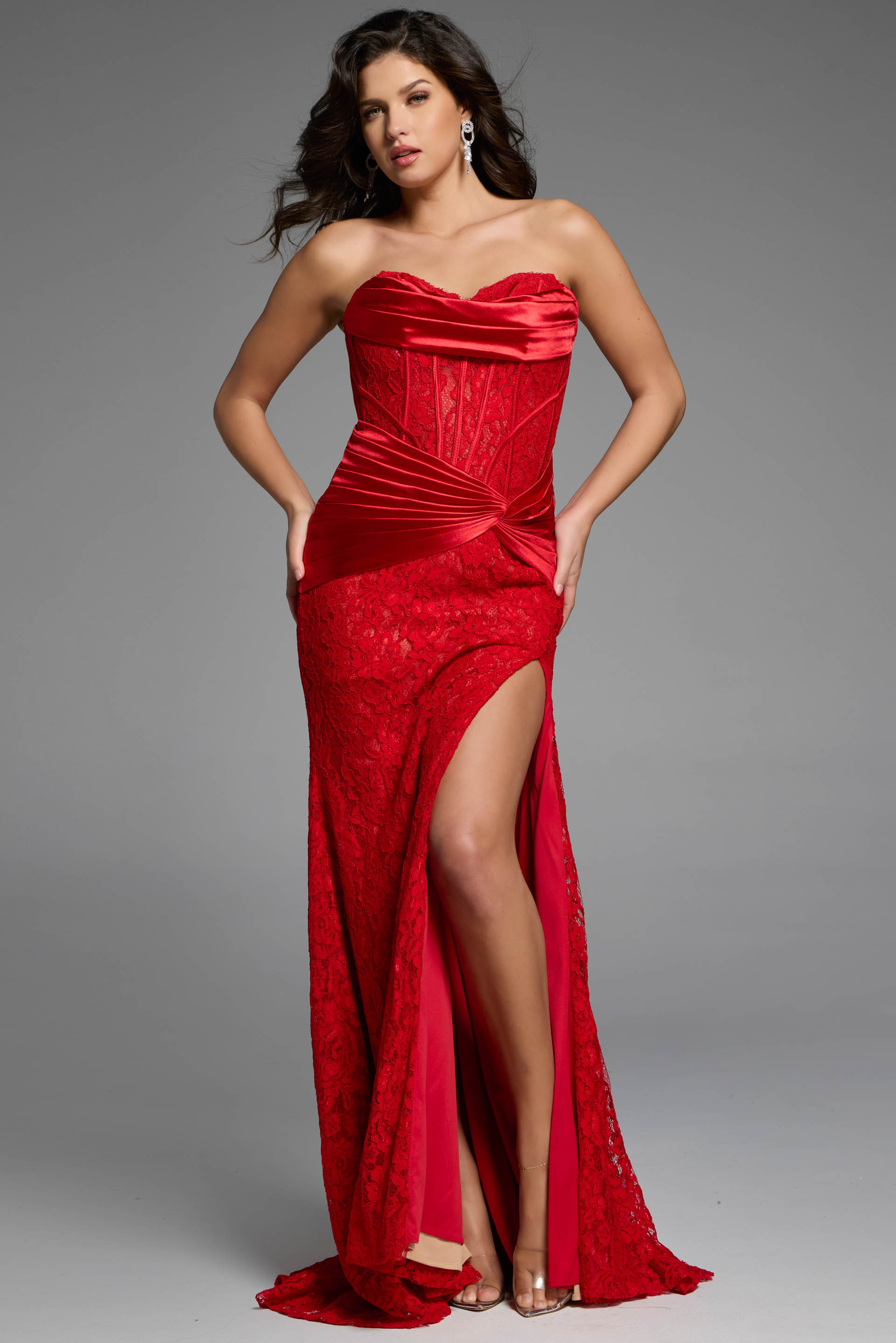 Elegant Red Lace Corset Gown with Draped Satin Details