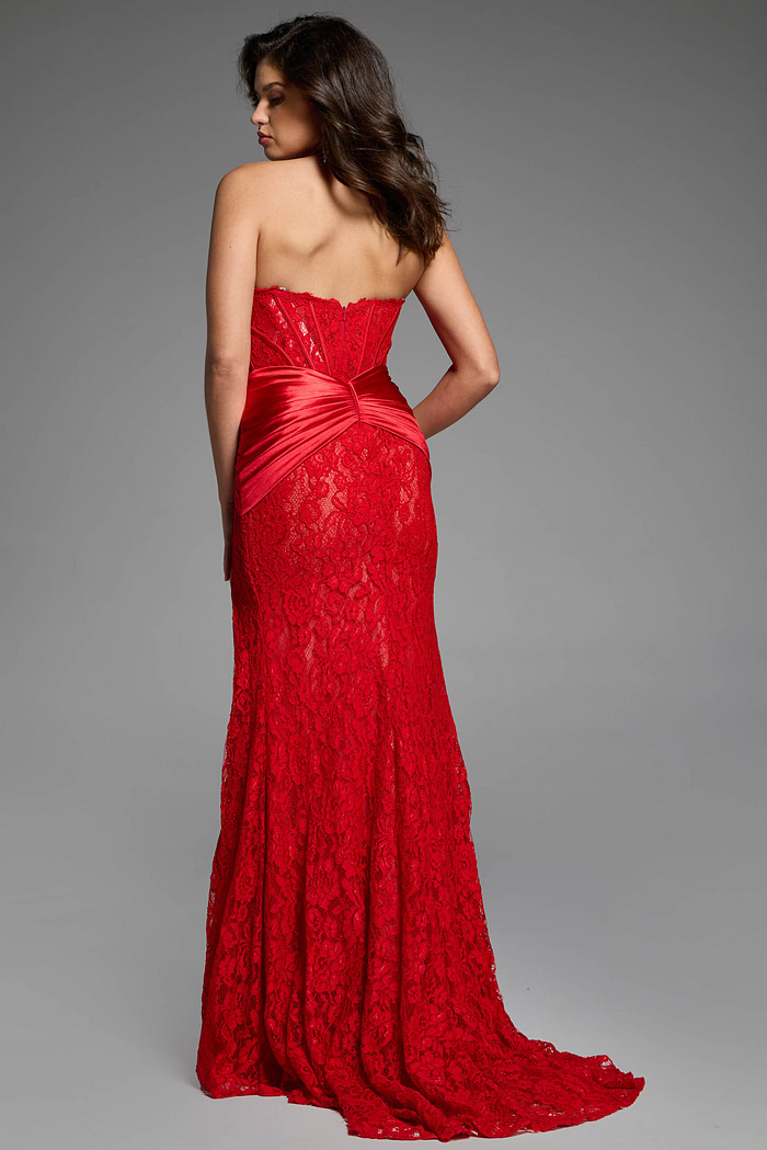 Back View of a Lace and Satin Gown Featuring a Ruched Waist Detail