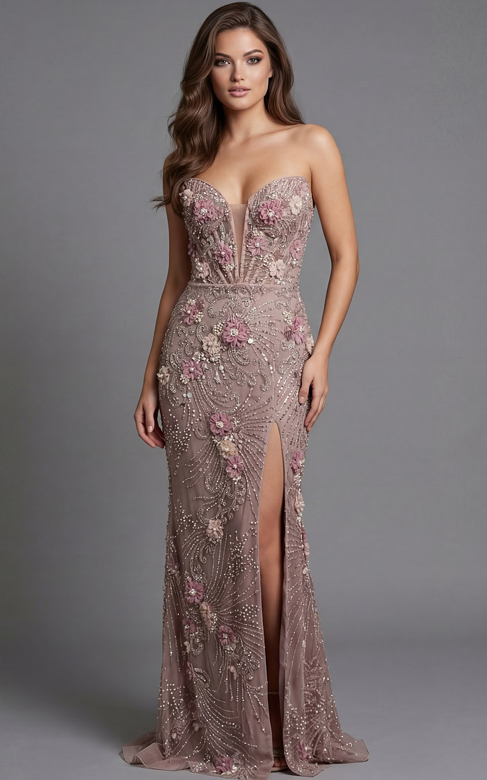 Strapless fitted evening gown with floral beadwork and structured bodice shown from the front