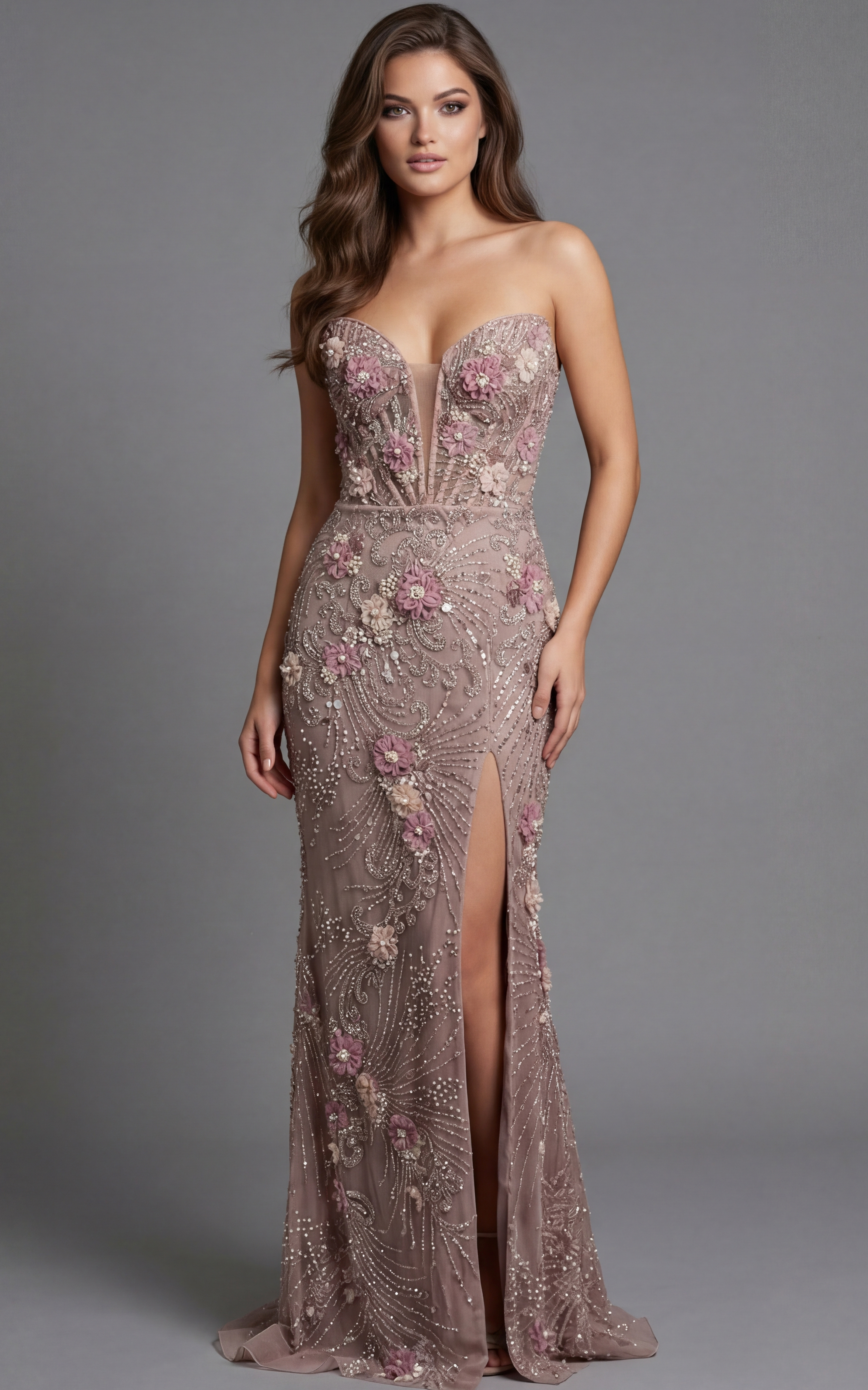 Strapless fitted evening gown with floral beadwork and structured bodice shown from the front