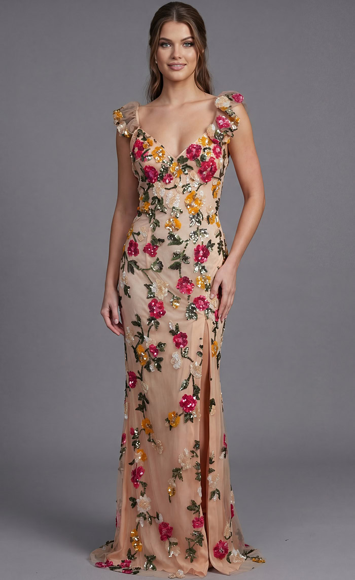 Elegant long prom dress with sheer base and multicolor floral bead embroidery, fitted silhouette, and deep V neckline